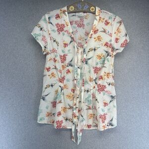 Van Heusen Studio Womens Blouse Floral Cap Sleeve Shirt Front Tie Size Medium